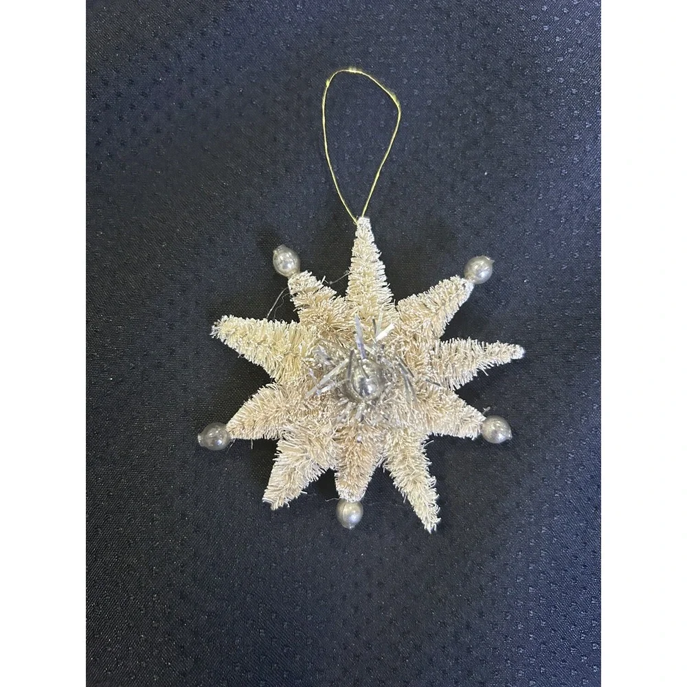 Vtg Christmas Ornaments Lot of 3 Mini Sled w Bottle Brush Trees + 2 Star Shapes